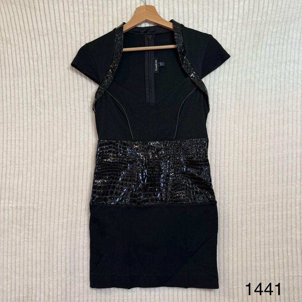 Bebe Cap Sleeve Black Zip Up Mini Dress Leather Accents Size Small